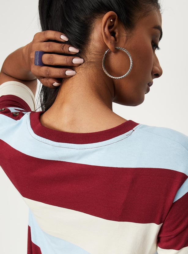 Women Striper Button-Detailed T-shirt