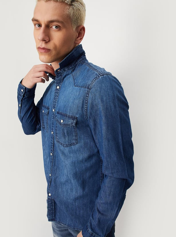 Men Washed Long Sleeved Denim Shirt