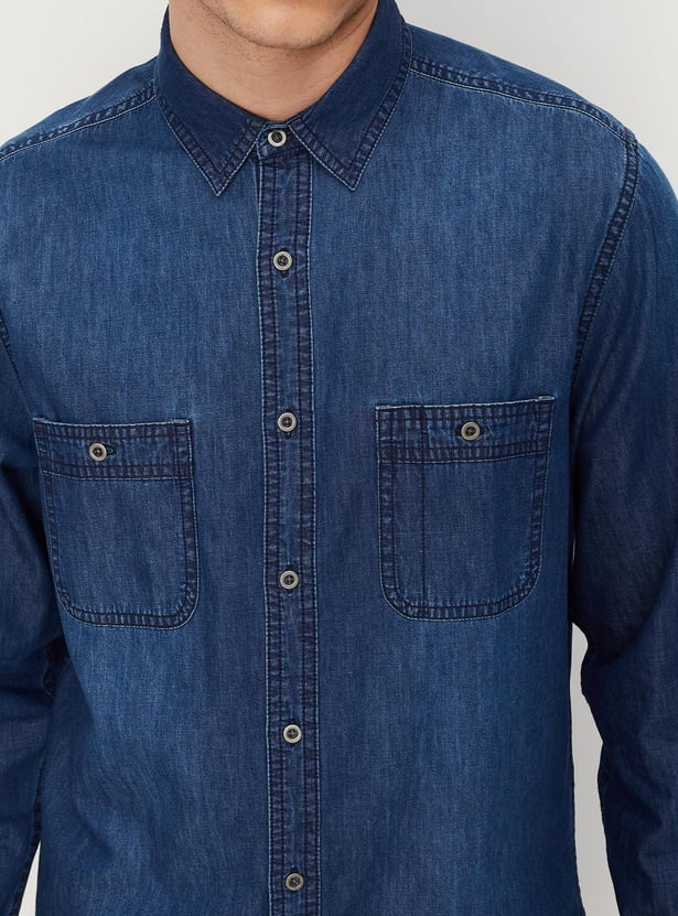 Men Washed Slim Fit Denim Shirt