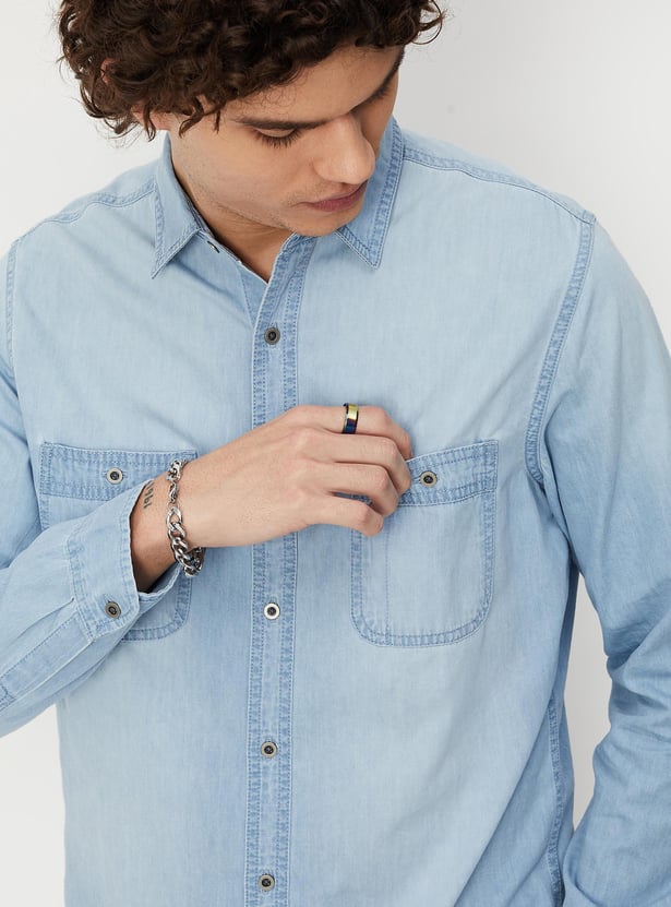 Men Washed Slim Fit Denim Shirt