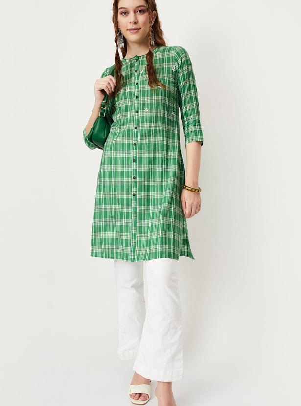 Women Checked Woven Straight Kurta