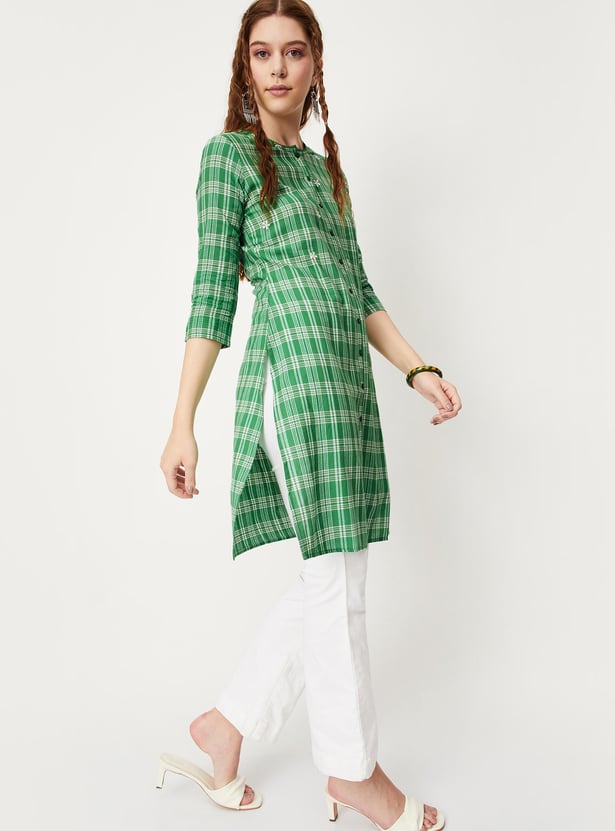 Women Checked Woven Straight Kurta