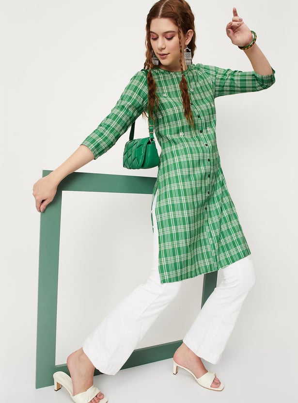 Women Checked Woven Straight Kurta