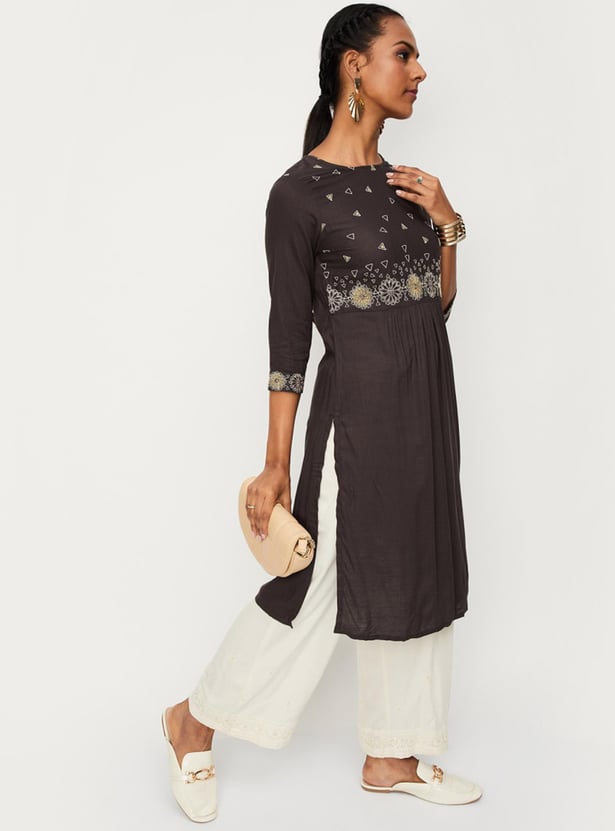 Grey Embroidered Wool Straight Kurta