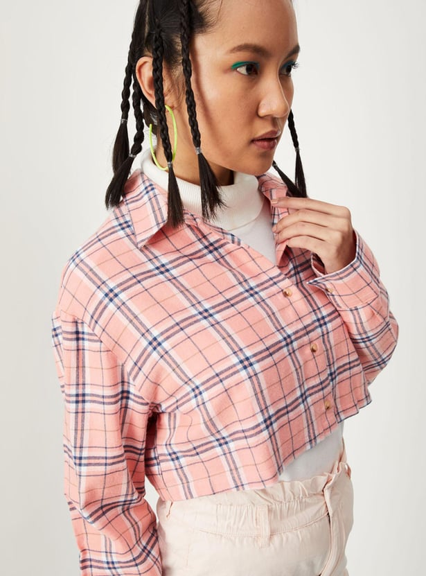 Women Checked Yarn Dyed Crop Shirt