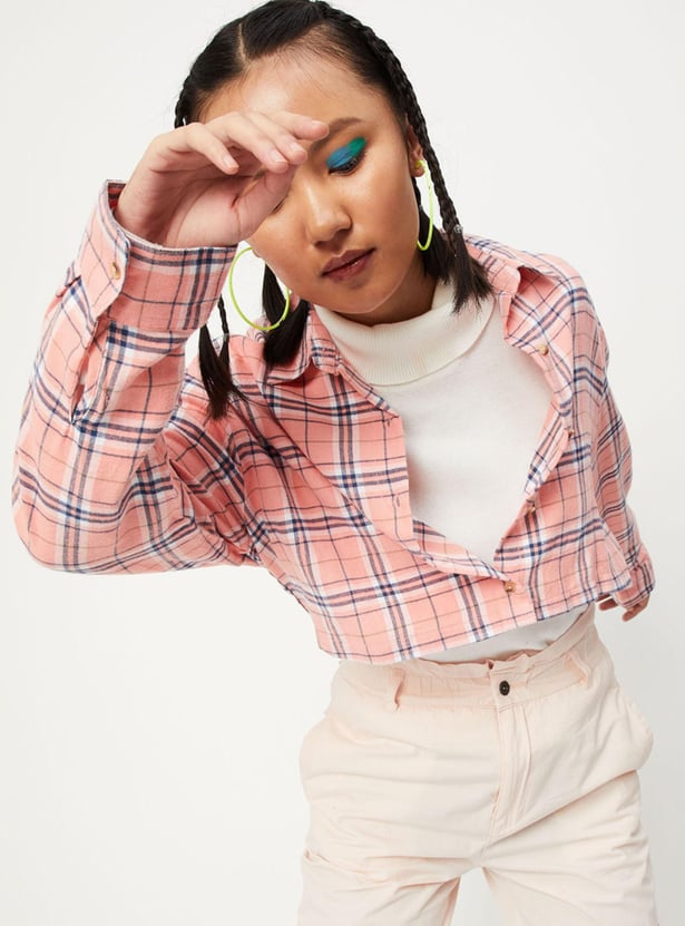 Women Checked Yarn Dyed Crop Shirt