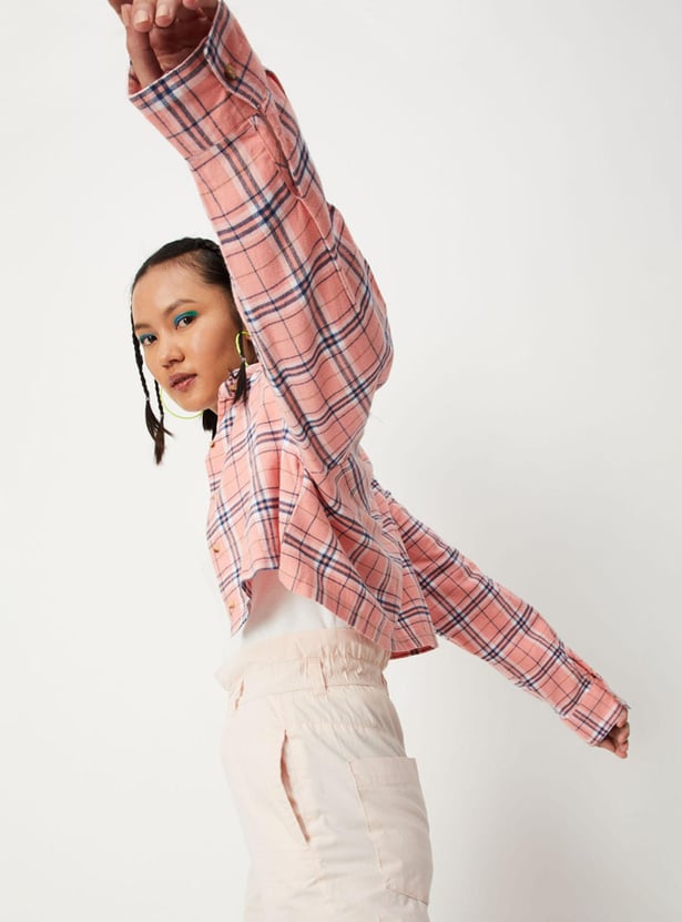 Women Checked Yarn Dyed Crop Shirt