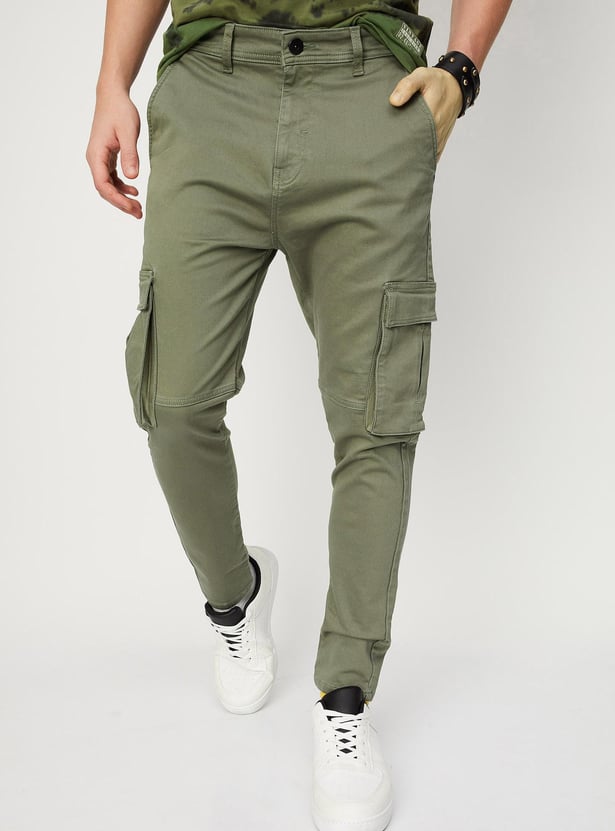Men Solid Carrot Fit Cargos
