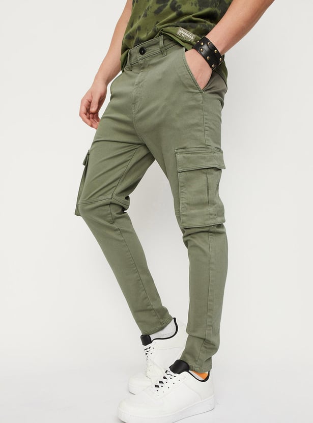 Men Solid Carrot Fit Cargos
