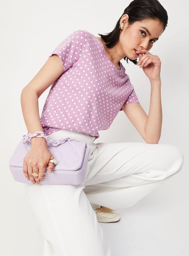 Women Polka Dot Round Neck T-shirt