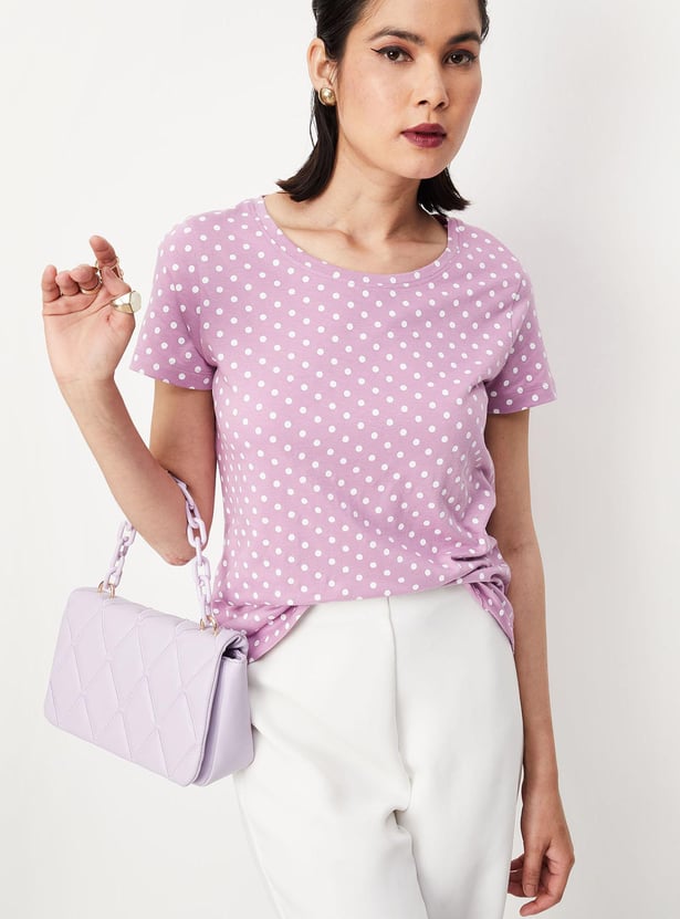 Women Polka Dot Round Neck T-shirt