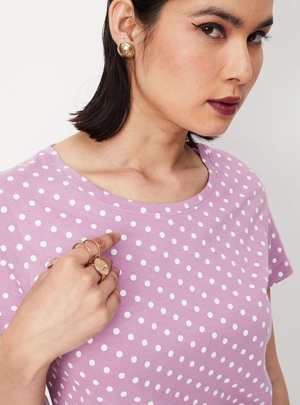 Women Polka Dot Round Neck T-shirt