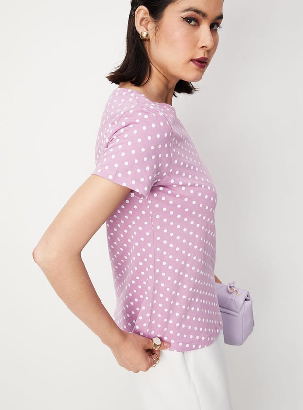 Women Polka Dot Round Neck T-shirt
