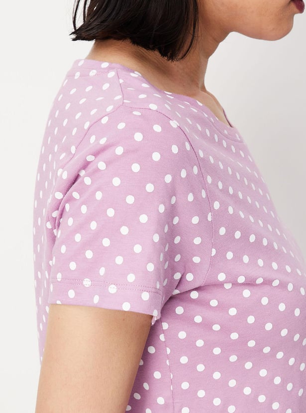 Women Polka Dot Round Neck T-shirt