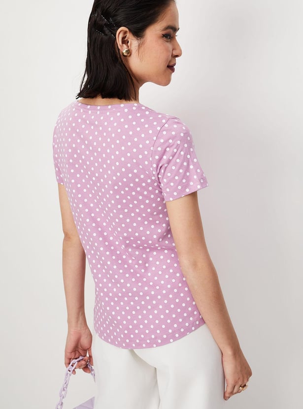 Women Polka Dot Round Neck T-shirt