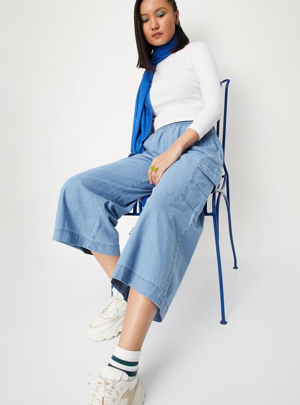 Women Solid Wide Leg Denim Culottes