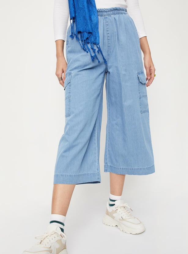 Women Solid Wide Leg Denim Culottes