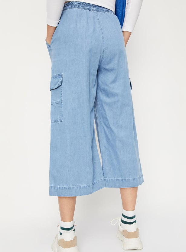 Women Solid Wide Leg Denim Culottes