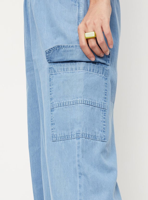 Women Solid Wide Leg Denim Culottes