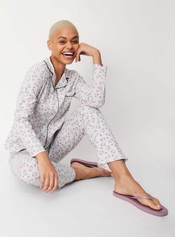 Women Animal Printed Shirt and Elasticated Pyjamas