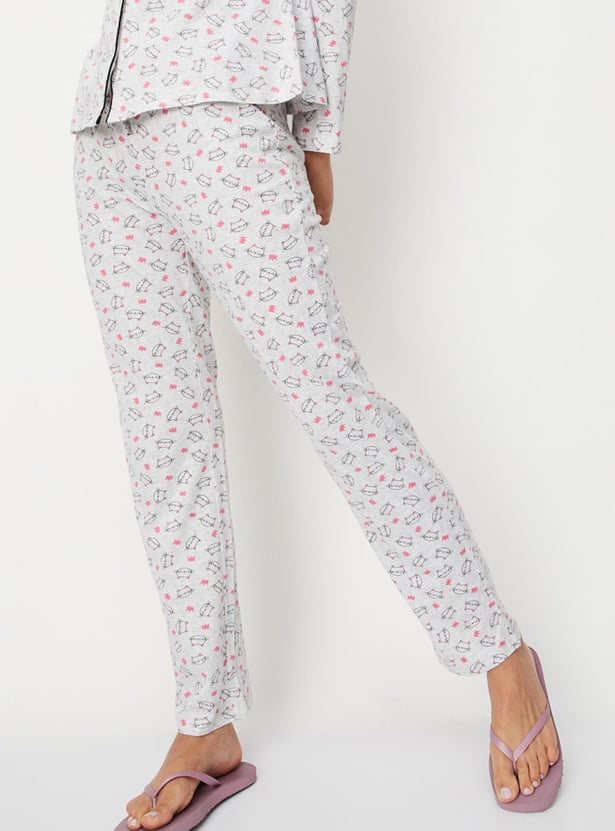 Women Animal Printed Shirt and Elasticated Pyjamas