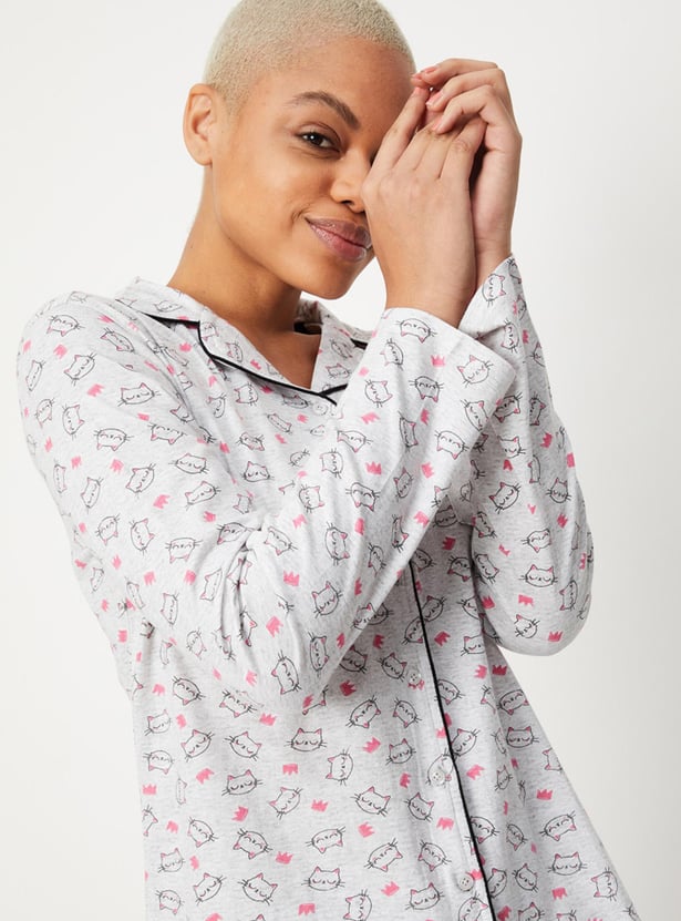 Women Animal Printed Shirt and Elasticated Pyjamas