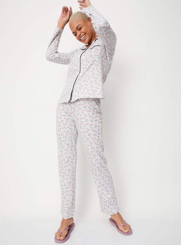 Women Animal Printed Shirt and Elasticated Pyjamas