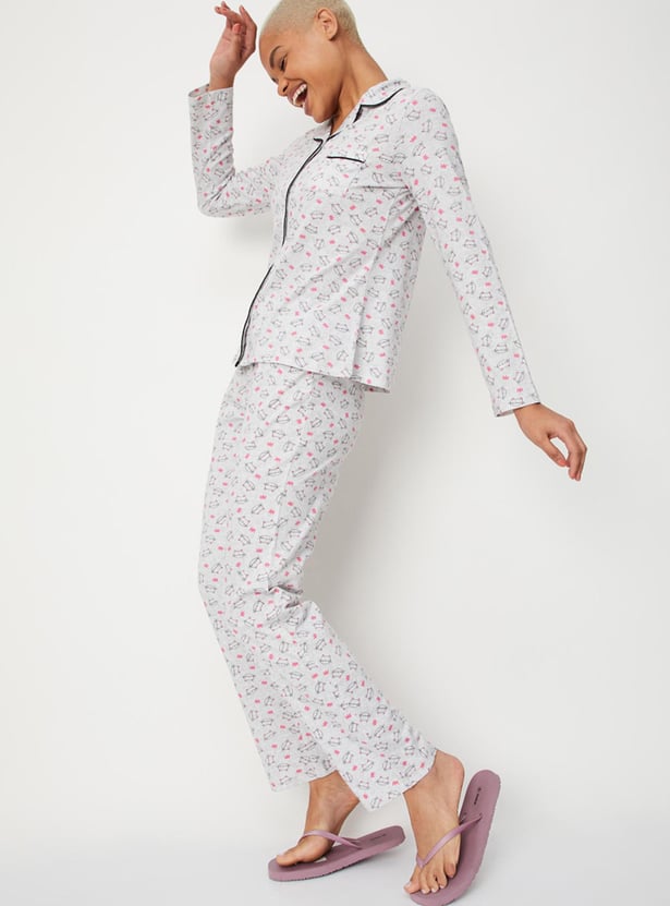 Women Animal Printed Shirt and Elasticated Pyjamas