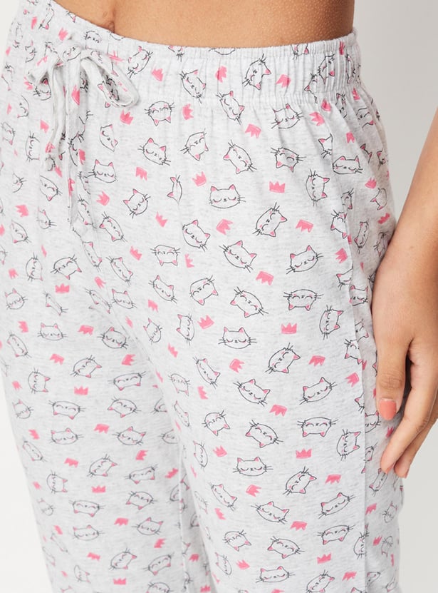 Women Animal Printed Shirt and Elasticated Pyjamas