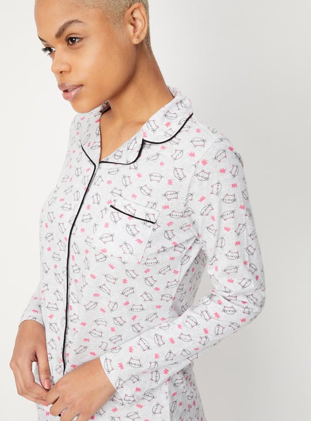 Women Animal Printed Shirt and Elasticated Pyjamas