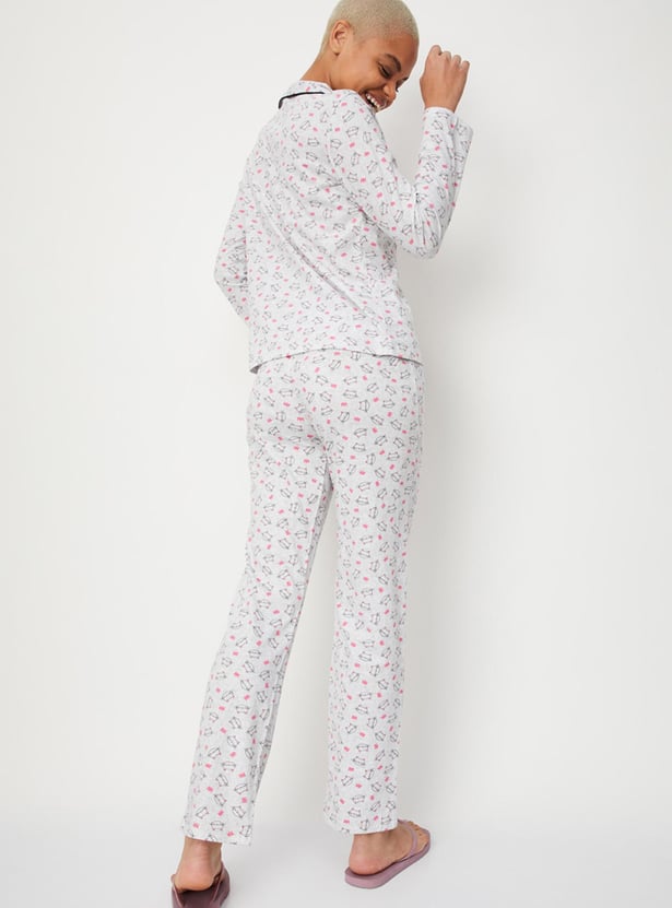 Women Animal Printed Shirt and Elasticated Pyjamas