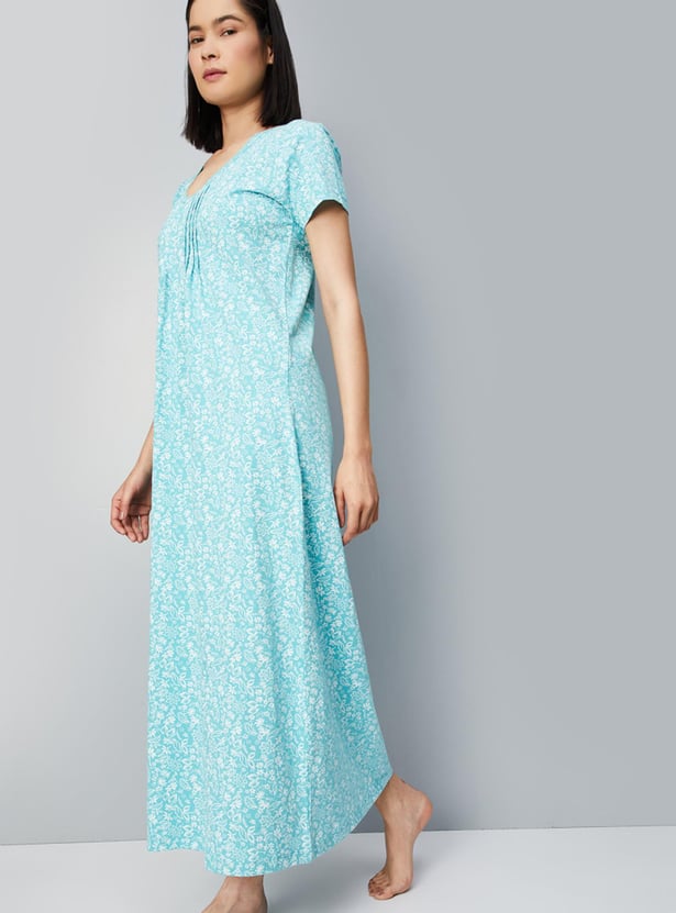 Women Floral Printed Pintuck Nightgown