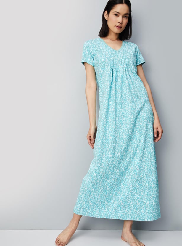 Women Floral Printed Pintuck Nightgown