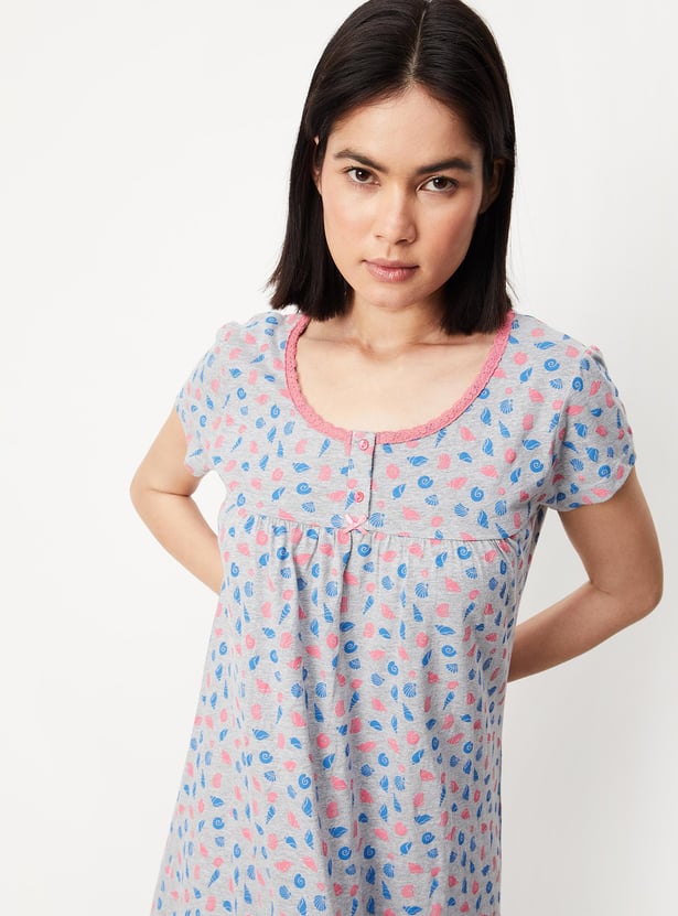 Women Printed Lace Neck Nightgown