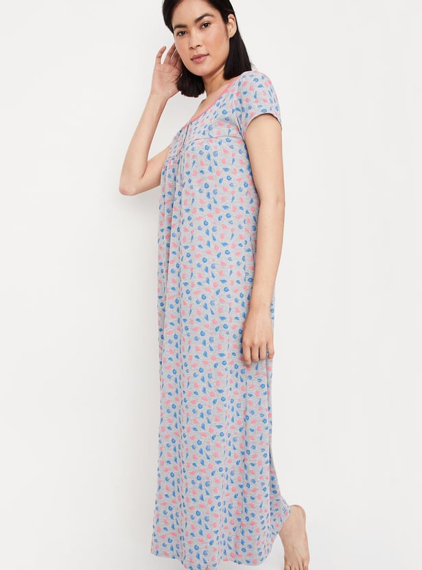 Women Printed Lace Neck Nightgown