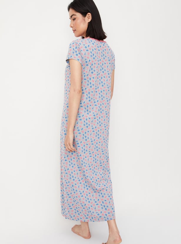 Women Printed Lace Neck Nightgown