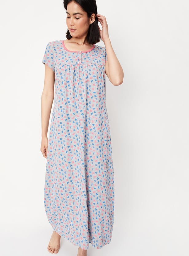 Women Printed Lace Neck Nightgown