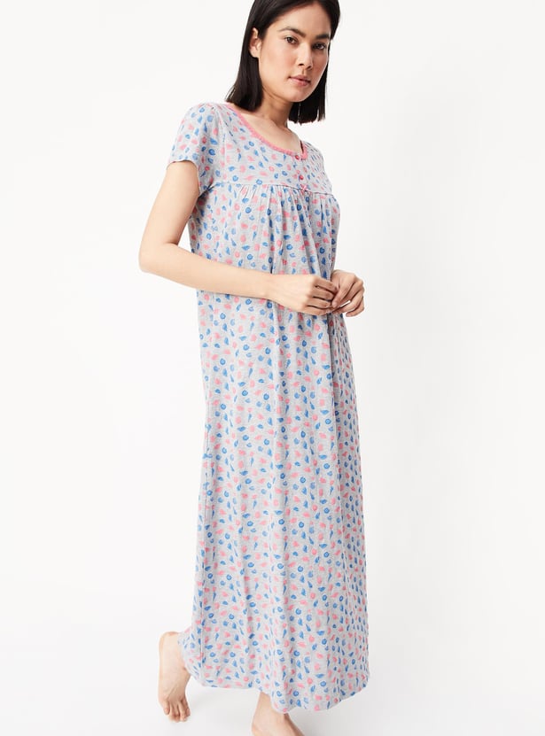 Women Printed Lace Neck Nightgown