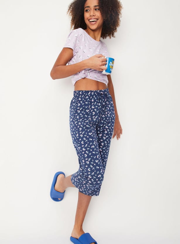 Women Floral Print Drawstring Capris