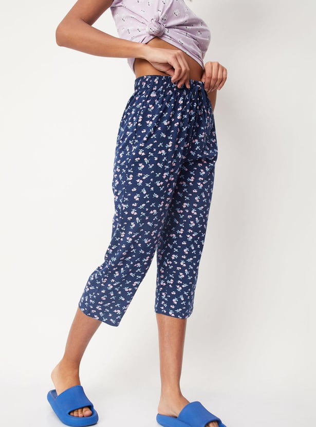 Women Floral Print Drawstring Capris