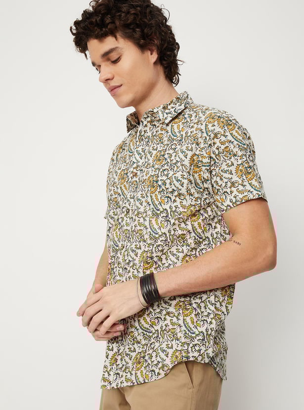Men Kalamkari Printed Patch Pocket Short Kurta