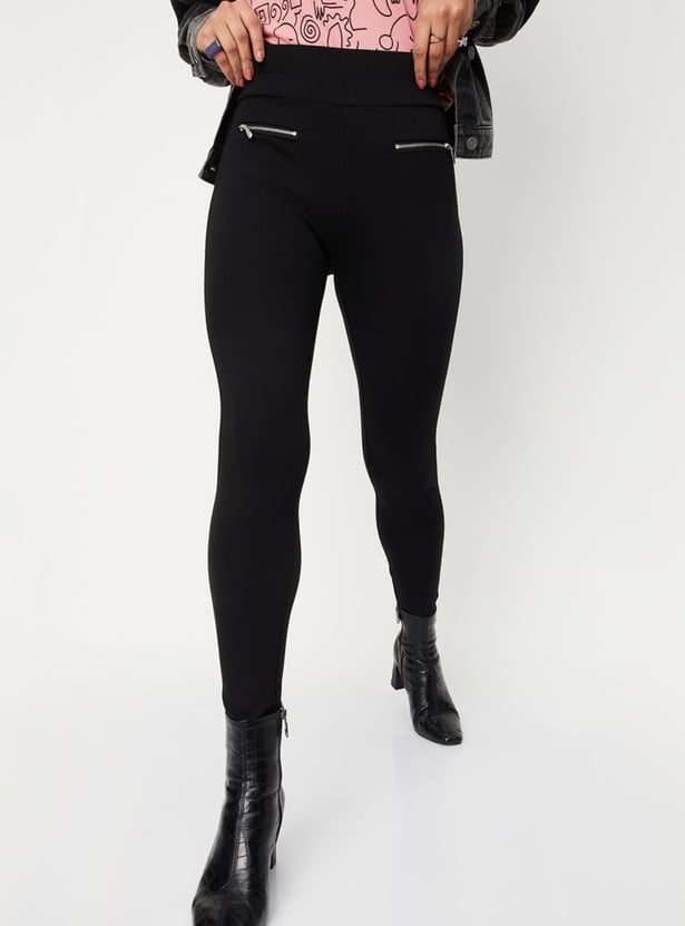 Women Solid Jeggings with Front Zipper Detail