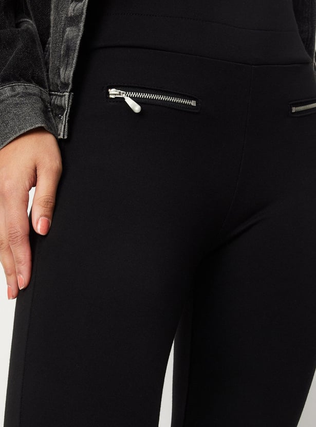 Women Solid Jeggings with Front Zipper Detail