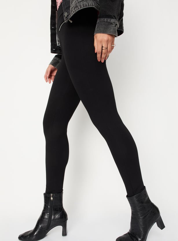 Women Solid Jeggings with Front Zipper Detail