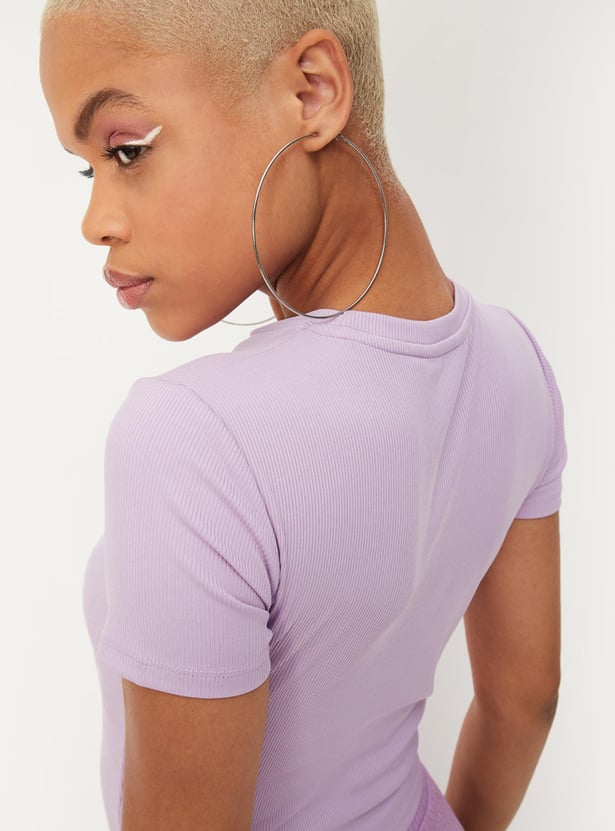 Women Textured Cutout Hem Crop T-shirt