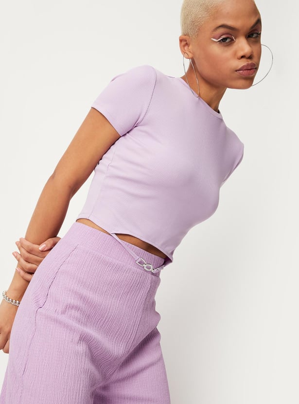 Women Textured Cutout Hem Crop T-shirt