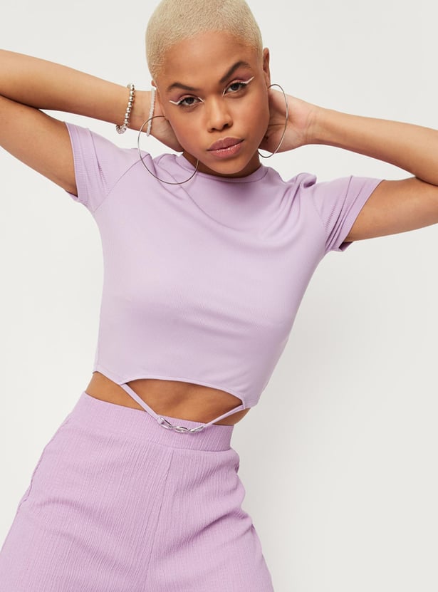 Women Textured Cutout Hem Crop T-shirt