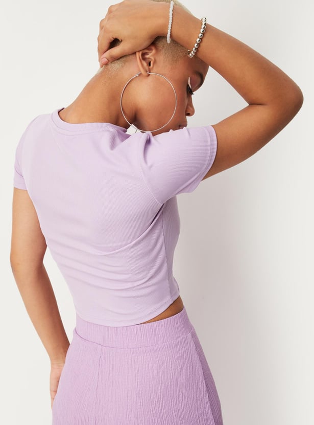 Women Textured Cutout Hem Crop T-shirt