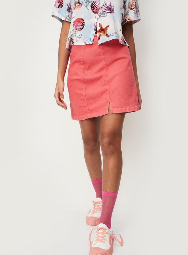 Women Solid Slit Hem Mini Skirt