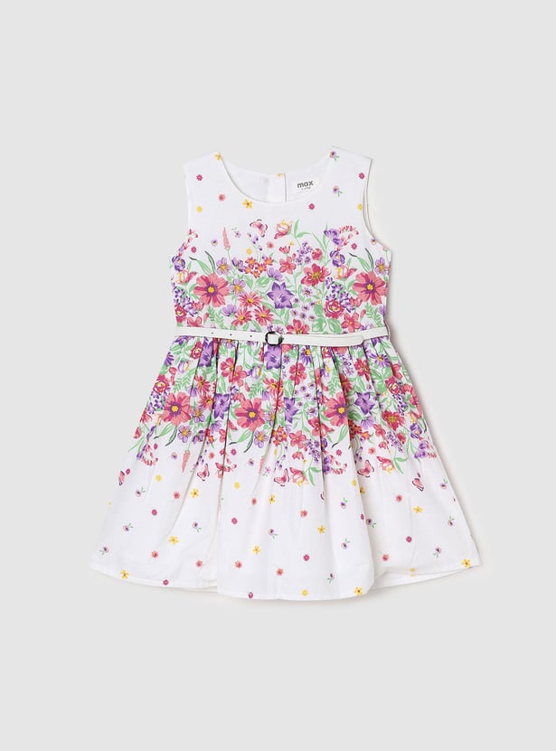 Girls Floral Printed Belted Fit and Flare Dress